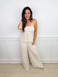 Women's Oatmeal Cropped Tank Top with Tie Shoulder Straps | Lightweight Linen Viscose Blend with a Smocked Back for an Adjustable Fit