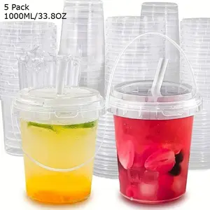 5 Pack 1000ML/33.8OZ Beverage Cups with Lids, Transparent Plastic Cups, Disposable Cups, Fruit Cups, Milk Tea Cups, Coffee Cups, Cold Cups and Hot Cups Perfect for Milk Tea Shop, Summer, Picnics and Parties