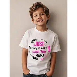 1pc Mother' S Day Kids' Heart Arrow Love Mama Print White TShirt, Crew Neck, Casual Cotton Tee, Medium Stretch Knit Fabric, Regular Fit for Boys& Girls Children, Alphabet Pattern, for Spring/Summer/Fall Mother' S Day Valentine' S Day/Mother' S (3-13Y)