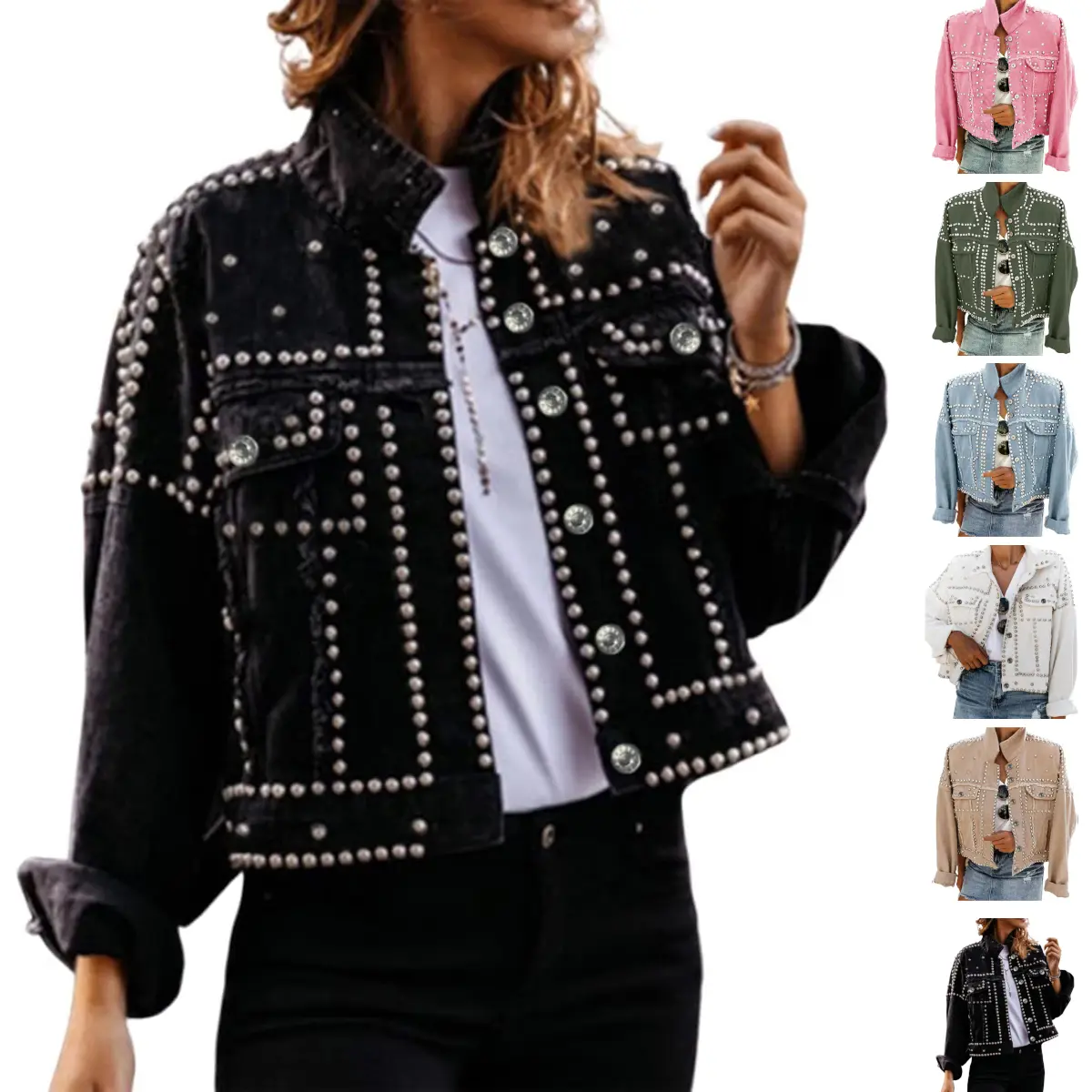 Tanming Women's Western Denim Jacket, Rhinestone & Pearl Studded Distressed Long Sleeve Button Down Coat with Pockets, Coats