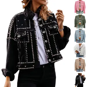 Tanming Women's Long Sleeve Rivet Studded Denim Jacket Classic Distressed Button Down Jean Jacket with Pockets