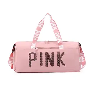 Stylish PINK Letter Print Gym Duffle Bag with Shoe Compartment, Large Capacity Lightweight Fitness Sports Tote, Multifunctional Crossbody Shoulder Bag for Women, Perfect for Gym, Travel & Weekend Trips