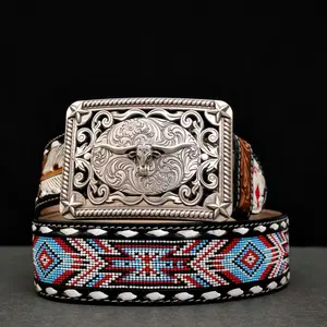 2 Inch Hand-Tooled Artesanal Beaded Leather Belt 2 Inch Hand-Tooled Artesanal Beaded Leather Belt