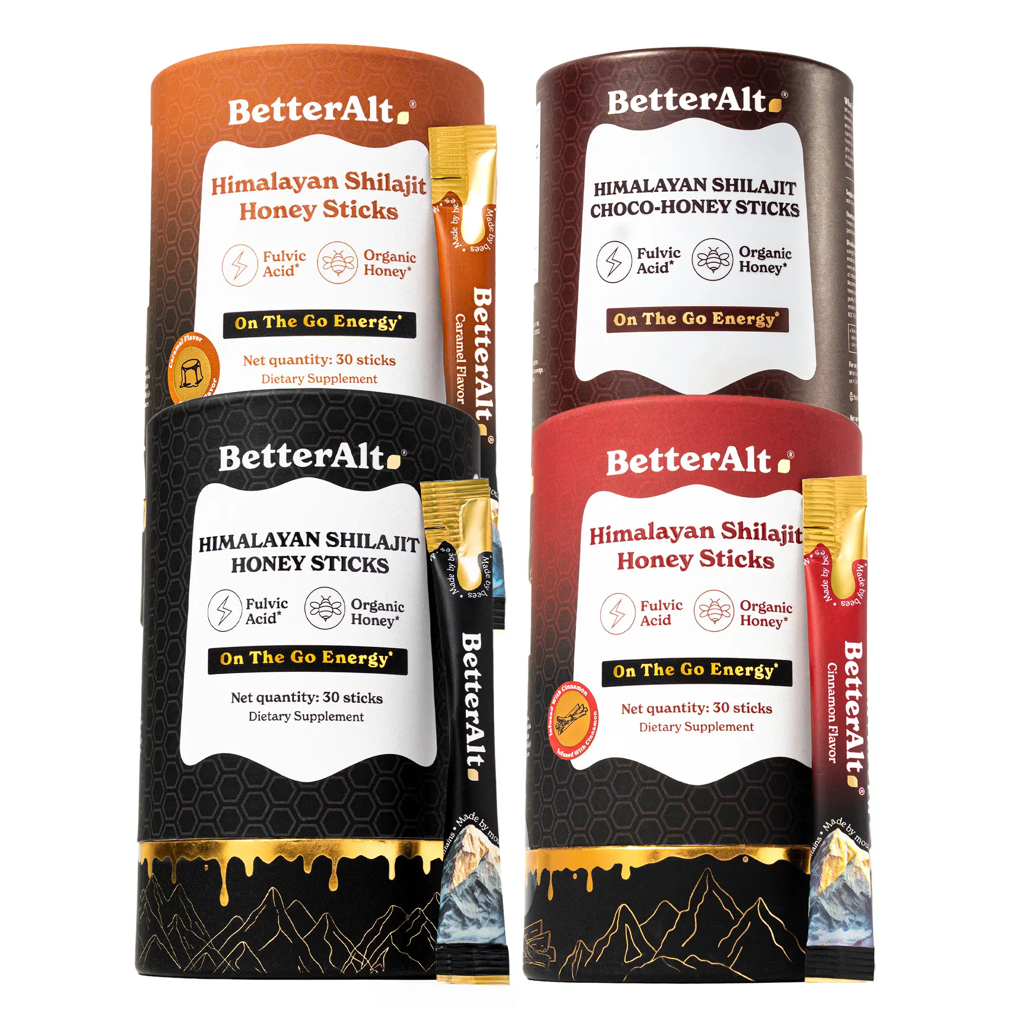 BetterAlt Shilajit Honey Sticks Variety Pack | Caramel, Cinnamon & Classic |  La...