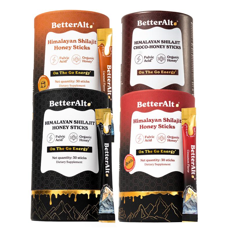 BetterAlt Shilajit Honey Sticks Variety Pack | Caramel, Cinnamon & Classic |  Lab-tested for Purity | Helps Support Energy & Stamina | 2-Month Pack