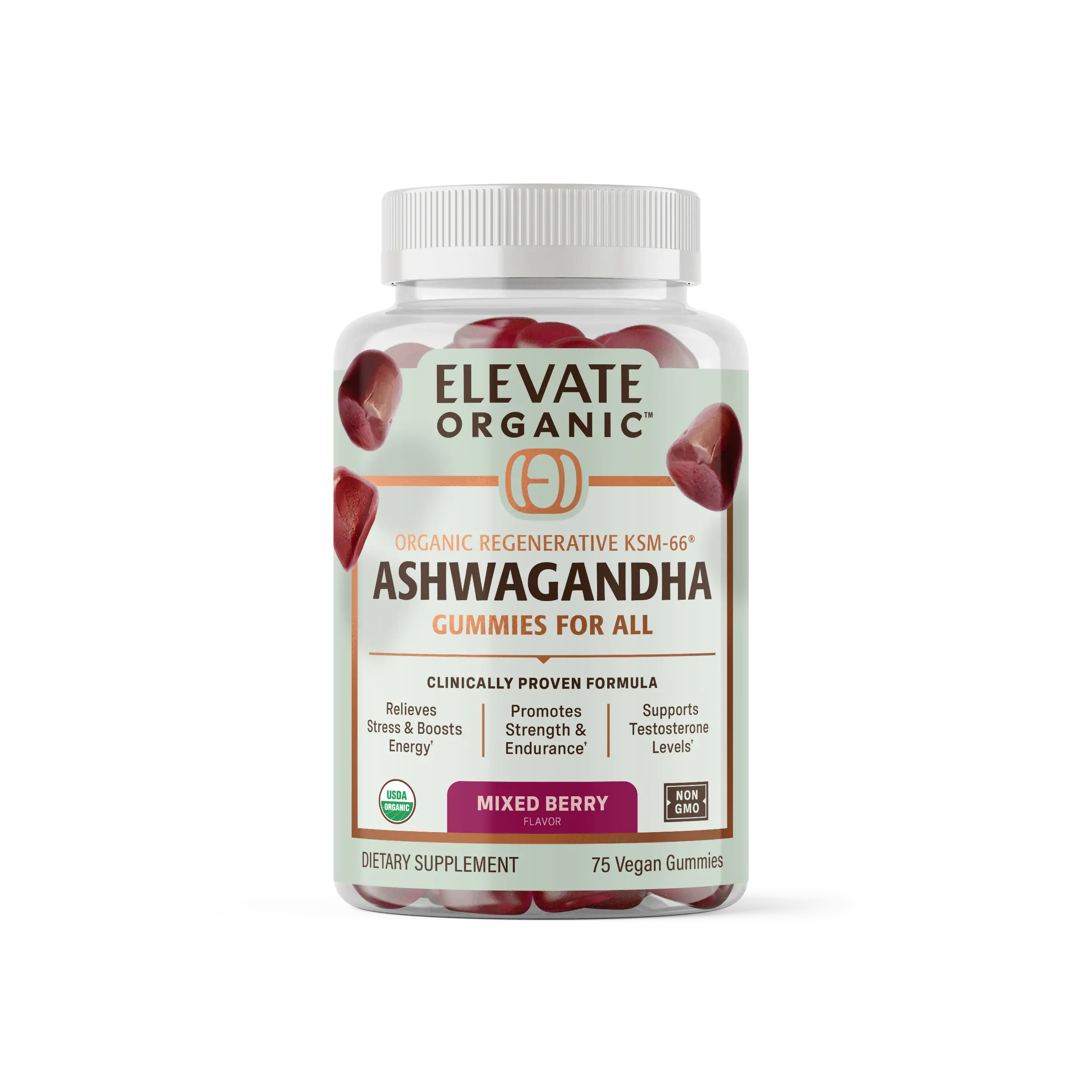 Elevate Organic KSM-66 Ashwagandha Gummies 600mg Fermented, Regenerative Organic Certified,Stress Relief, Focus & Calm Acti Veda Enhanced Mixed Berry Vegan — 25 Servings