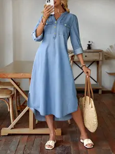 Women's Spring Summer New Denim Dress, Washed Blue Loose Casual Boho Fashion Daily Vacation Versatile Long Midi Dress, Button Fly Closure, Casual Bohemian Dress