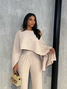 Women's Fashionable Asymmetrical Neckline Top & Elastic Waist Pocket Pants Set, Fit, Elegant Casual for Beach Vacation