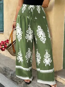 【Plus Size】Floral Print Geometric Pants, Boho Bohemian Casual Comfy Trousers for Daily Holiday Vacation Wear, Casual Elastic Waist Drawstring Trousers，Women's Bottoms for Summer