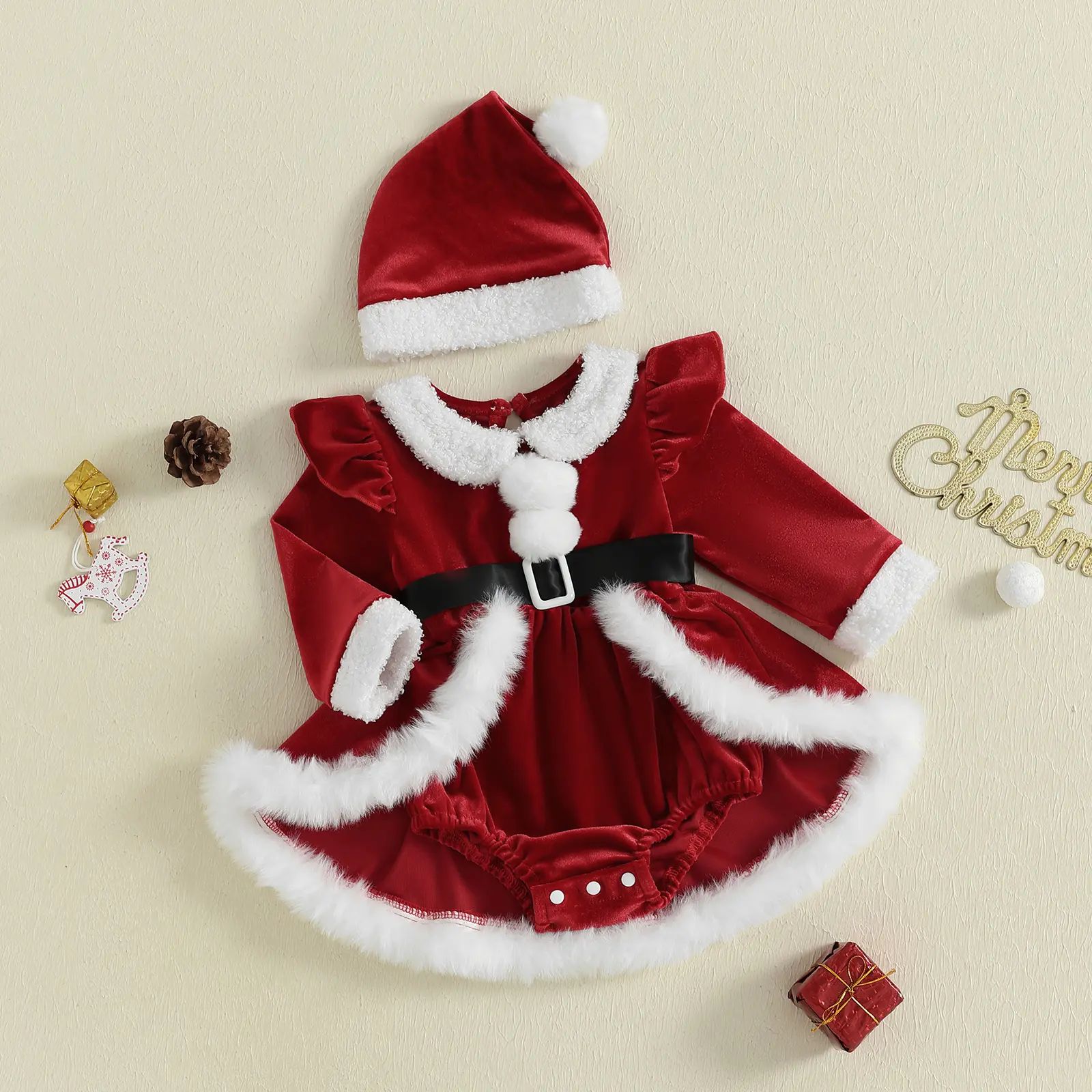 Christmas Baby Girl's Romper Dress, Long Sleeve Plush Patchwork Holiday Outfit Set with Santa Hat and Belt for Toddlers, Baby Clothes Girl, Holidays, Stretch, Outdoor Play, Elastane, 1 Baby Romper With Belt
