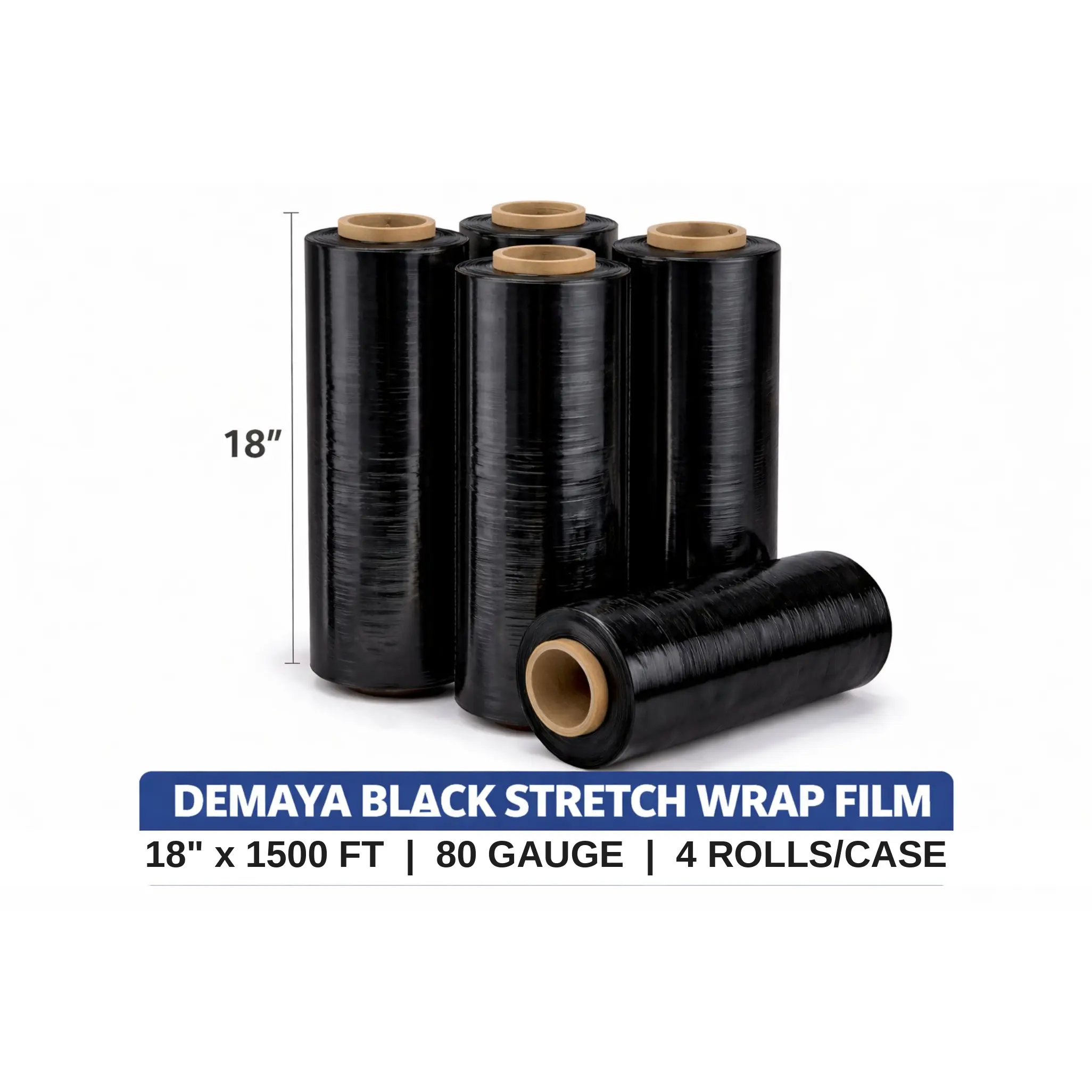 DEMAYA Heavy-Duty Black Stretch Wrap Film - 18"x1500' 80 Gauge (20 Micron) with UV Protection, Privacy, Cling Performance - Industrial Home Improvement Building Supplies for Pallet Packaging, Transport