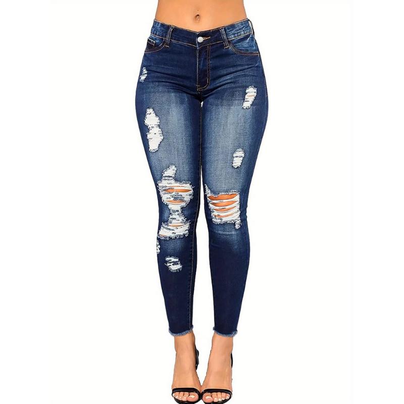 Plus Size Skinny Ripped Jeans For Women - Full Length Stretchy Denim Jeans Pants - Pencil Denim Jeans Pants - For Women - Suitable for Casual Wear - Perfect Gift for Fashionable Women Classic Women's Pants