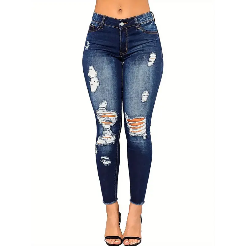 Plus Size Skinny Ripped Jeans For Women - Full Length Stretchy Denim Jeans Pants - Pencil Denim Jeans Pants - For Women - Suitable for Casual Wear - Perfect Gift for Fashionable Women Classic Women's Pants