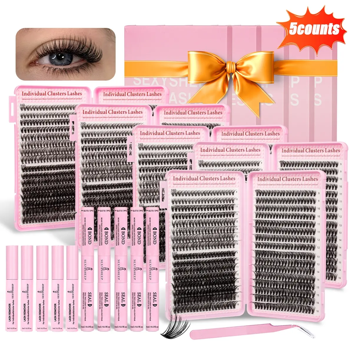 SEXYSHEEP Eyelash Cluster Set Thick D Curl Faux Clusters Lash 5 Boxed Eyelashes DIY Eyelash Extension Suitable for Beginners Eyelash Kit with Bond&Seal&Remove&Eyelash Tweezers, Cosmetic, Individual False Eyelash, Eyelash Falsies, Beginner Friendly Lashes