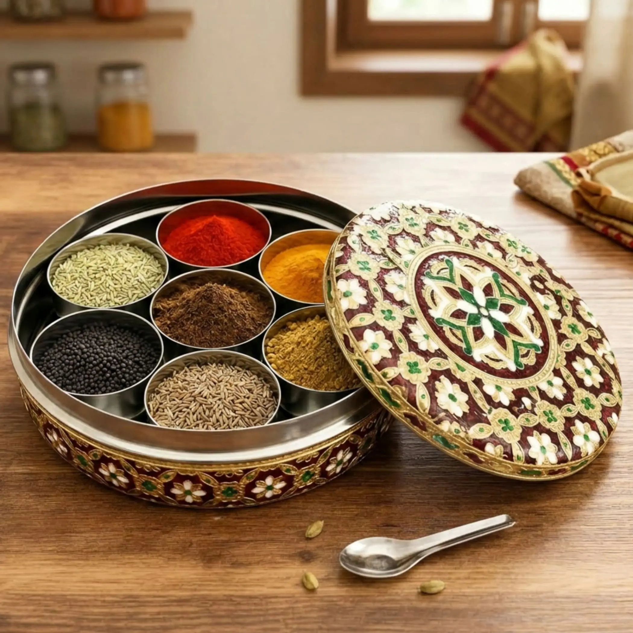 LoveNspire Traditional Meenakari Spice Box with Lid - Stainless Steel, Fabric & Beadwork Heritage Craft Art 7" Diameter 7-Compartment Tidy, Kitchen Storage for Wedding, Housewarming Festive Gifts