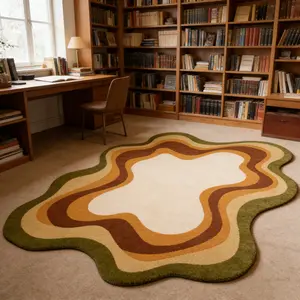 Olive green gradient wave shaped carpet, yellow green brown contrasting velvet floor mat, non slip and wear-resistant floor mat for living room and study, retro natural atmosphere decorative mat suitable for ins style/antique style home decoration