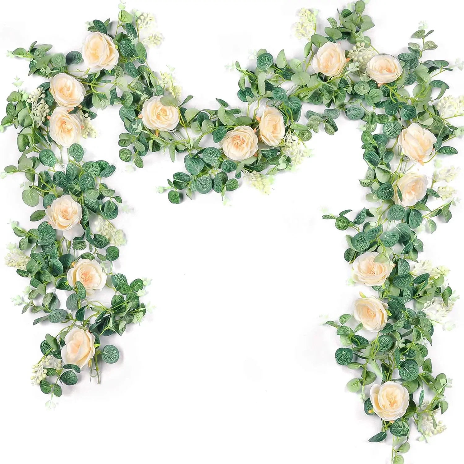 Outdoorfun 2 Pcs 13Ft Artificial Eucalyptus Flower Garland with Fake Rose Flower Vine Seeded Eucalyptus Leaves Greenery Garland for Wedding Table Backdrop Party Centerpiece Room Decor