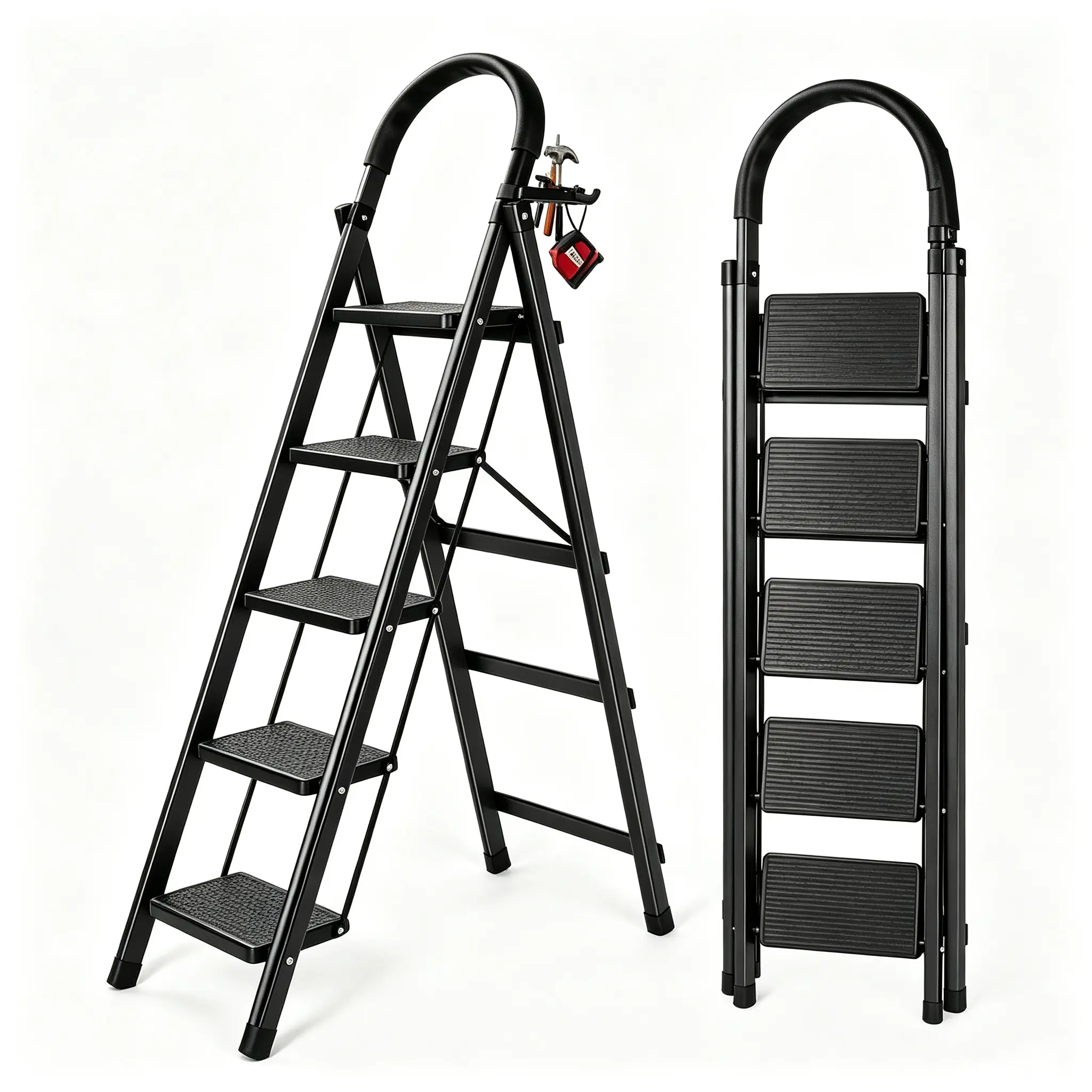 5 Step Folding Ladder with Handrail & Tool Tray, Heavy‑Duty Steel Step Stool, Anti‑Slip Wide Pedals, Foldable Safety Ladder for Home Kitchen Garage Indoor Use