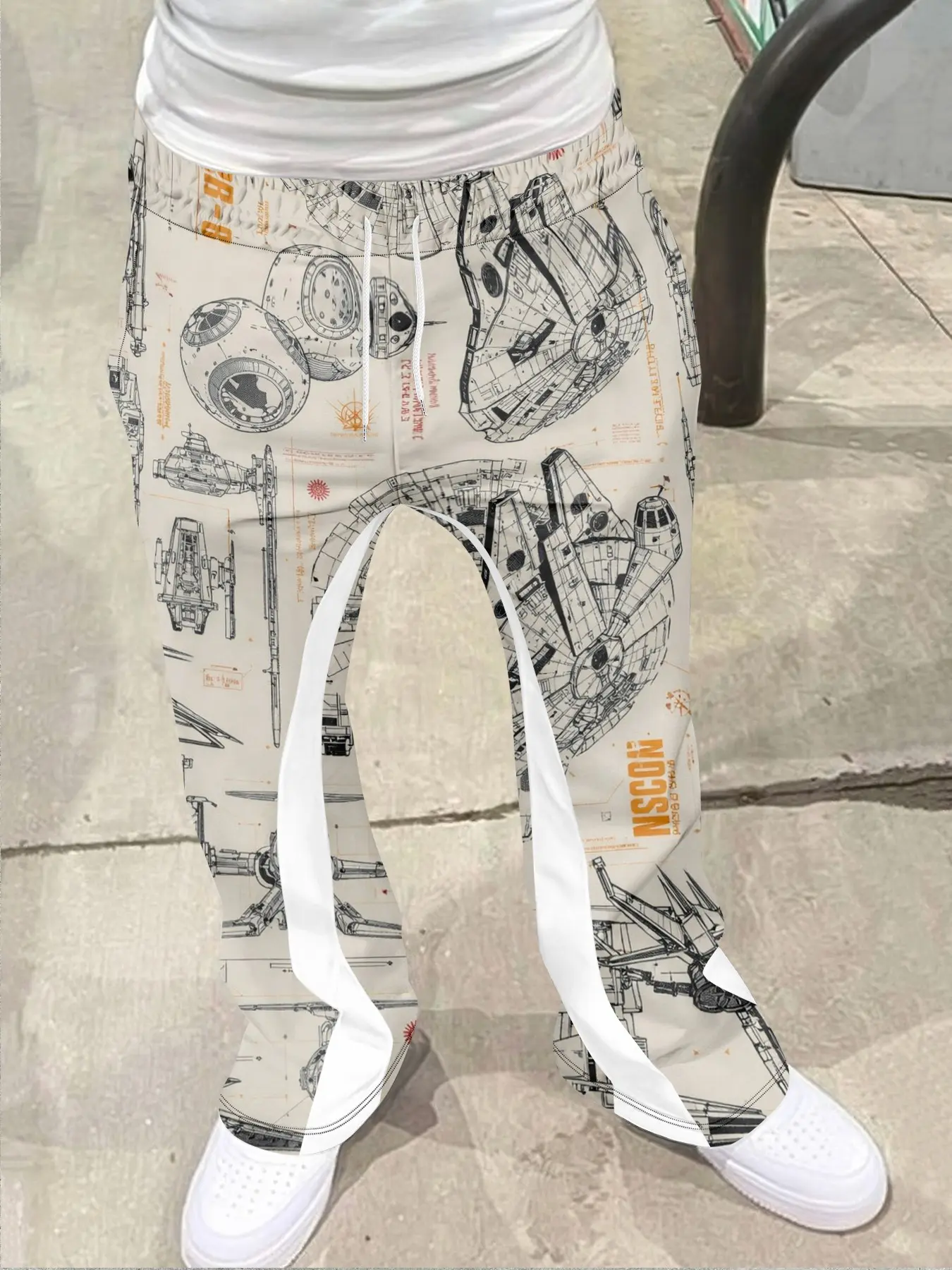 Sci-Fi Starship Blueprint Print Bell Bottoms, Nautical Space Casual Long Pants, Geometric Pattern, Fitted Style, All Seasons, Casual Fashion Trousers