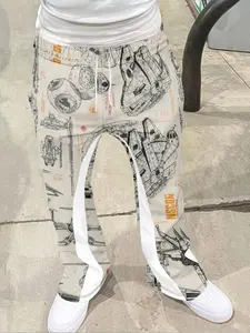 Sci-Fi Starship Blueprint Print Bell Bottoms, Nautical Space Casual Long Pants, Geometric Pattern, Fitted Style, All Seasons