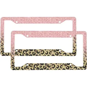2 Sets Rose Gold Glitter Black Leopard Print Premium License Plate Holder - Car Truck SUV Front and Rear Bracket for Enhanced Night Vision 4 Holes ﻿
