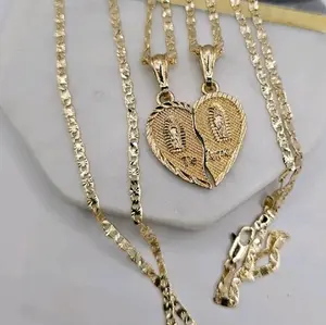 COUPLE'S necklaces TE AMO  set hearts with virgin mary Gold-plated 2 chains included