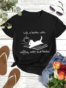 Wo Short Sleeve Round Neck T-Shirt with Letter A Print |   Casual H-Line Fit Blouse Medium-Stretch Machine-Washable Top for Spring Summer Fall Casual Attire Parties Layering - Non-Short Sleeve Shirt (No Chest Padding)