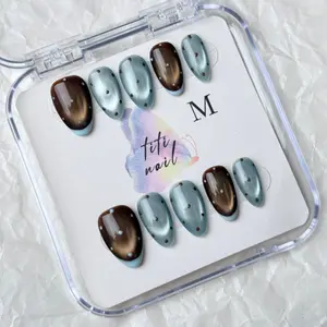 TiTinails Blue Brown Cat Eye Press On Nails| Almond Shape| 100% Handmade 10pc Reusable Set
