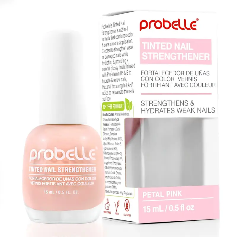 Probelle Colorful Tinted Nail Strengthener - Glycolic Acid, Lactic Acid AHA Rejuvenation Nail Care Treatment for Adults with Isopropyl Alcohol, Glossy Growth & Repair to Stop Peeling, Splits, Chips, Cracks, Manicure Use, Self Care Products