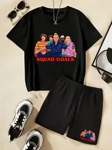Stranger Things Squad Goals Print T-Shirt Set - A Trendy Children's Short-Sleeved Short-Pants Two-Piece Set, Featuring Unique, Casual, Fashionable And Comfortable Style, Perfect For Daily Wear And An Excellent Gift Choice.
