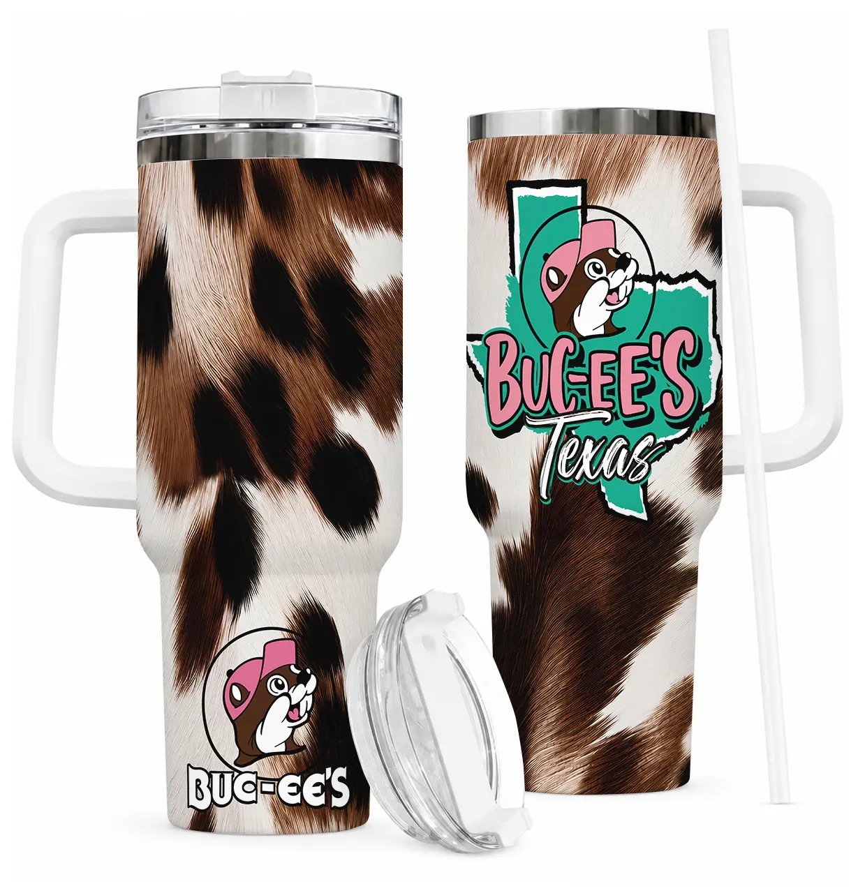 Buc-ee's Texas 40oz Tumbler, Brown Cow Print Insulated Travel Mug with Handle and Straw, Cute Beaver Western Country Style Cup