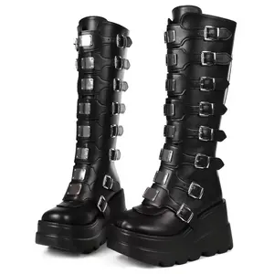 Platform Knee High Goth Boots Round Top Back Zip Chunky Wedges Heel Punk Combat Boots Adjustable Buckles Mid Calf Motorcycle Cosplay Shoes