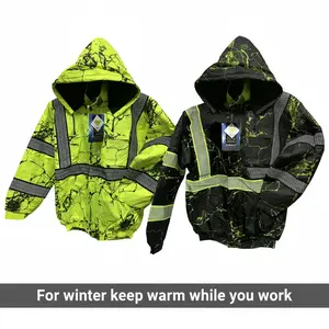 203 Men's Winter Camouflage Lime or Black Bomber Jacket with Removable Hood & Reflecting Tape - Stylish Safety Coats for Men