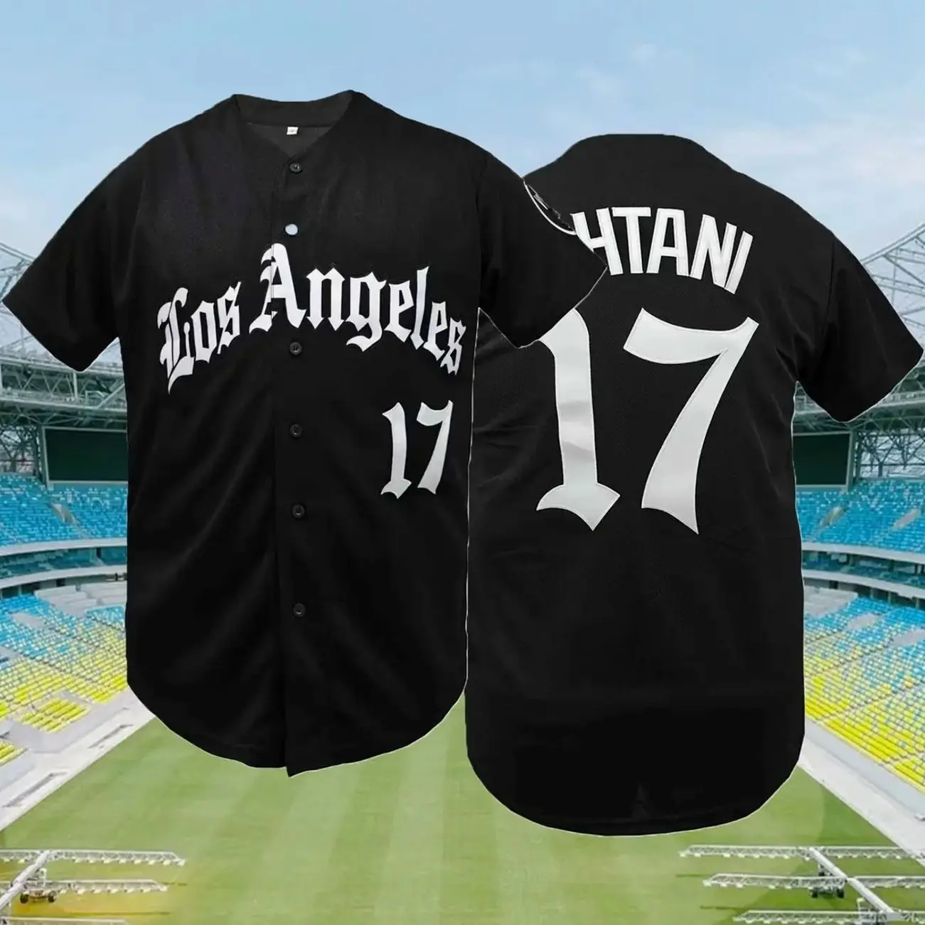 Men's # 17 Black Baseball Jersey,Los Angeles Letter Embroidered Loose Fit V-Neck Short Sleeved Button Cardigan Blokecore Sports Top, Embroidery Sportswear, Casual Sports Jersey, Sportswear Clothing