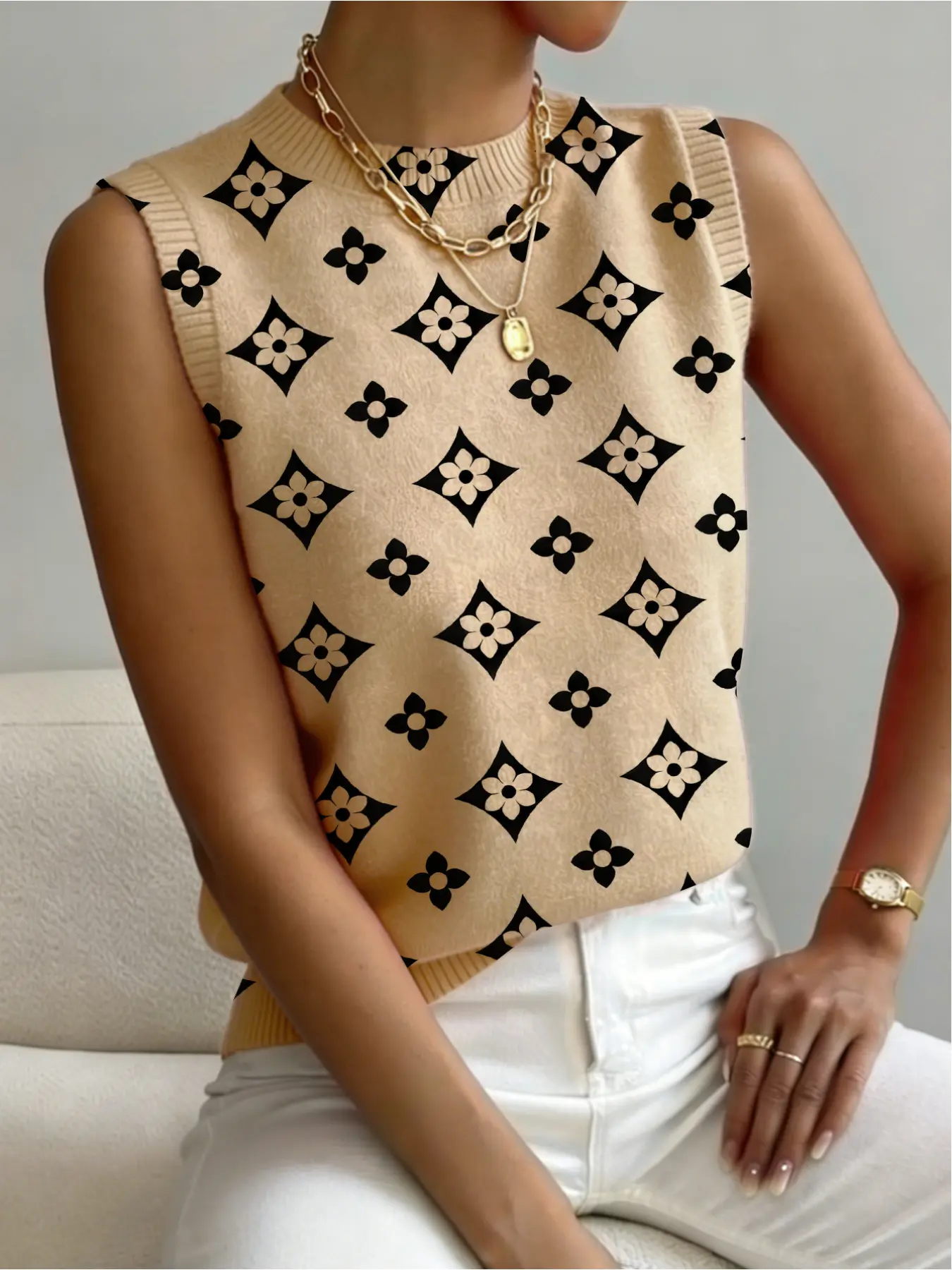 Women's Geometric Print Stand Collar Fitted Sweater, Casual Sleeveless Short Knit Top, Comfortable Warm Clothing Style for All Seasons Lady Vests Womenswear Piece