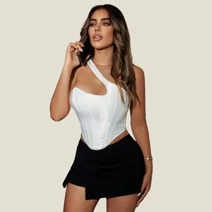Satin One Shoulder Lace Up Back Backless Asymmetrical Hem Boned Overbust Shapewear Corset Crop Tube Top Fit Womenswear