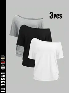 3PCS Plus-Size Women's Fashion Casual Simple Black, Solid Color Off-Shoulder T-Shirt Set, Coord Set, Flattering, Versatile, Comfort, Wear, Style, Outfit, Essential, Trendy, Chic, Elegant, Classy, Modern