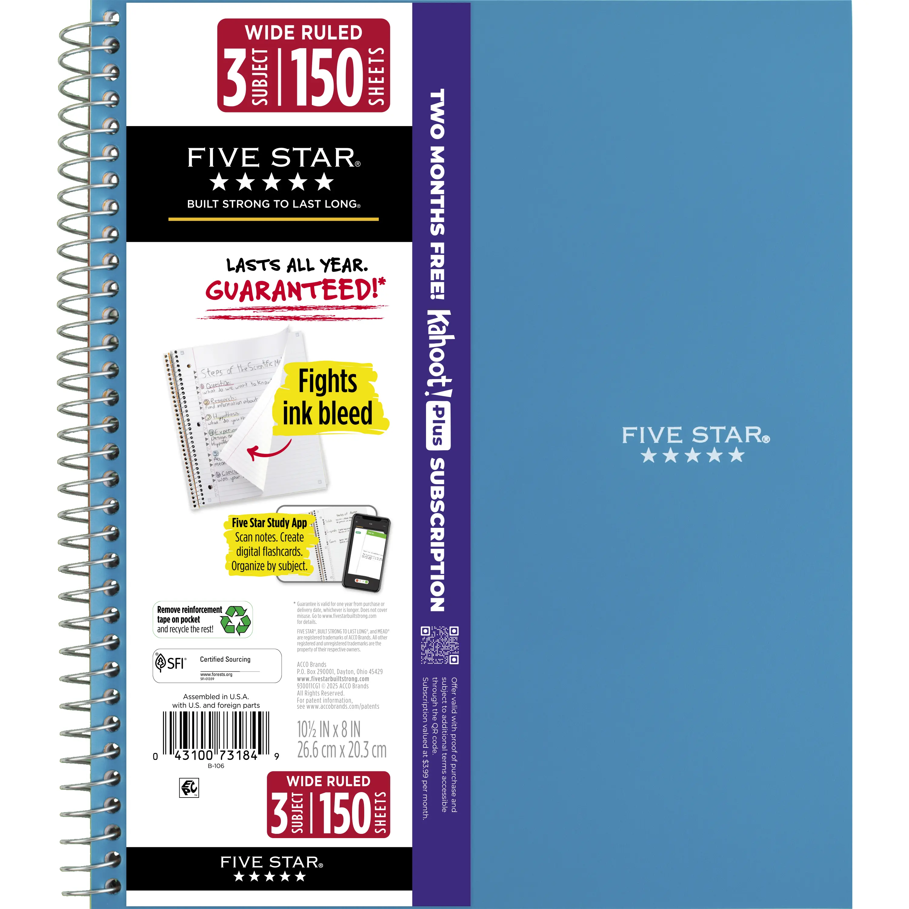 Five Star Spiral Notebook + Study App, 3 Subject, Wide Ruled, 8" x 10.5"