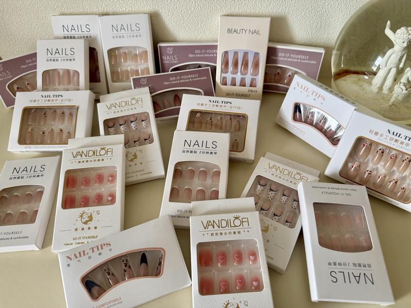 Press On Nails Set | 24-30pcs Fake Nail Tips | French, Leopard, Heart, Black Stiletto, Cartoon, Nude, Glitter for DIY Manicure