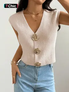 Women's Light Pink V-Neck Solid Knit Vest, embellished with a rose inner button. Tailored in a regular fit for a Casual, versatile and chic everyday look.