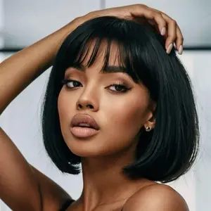 【Clearance Sale】Human Hair Wigs with Bangs Brazilian Short Bob Wigs For Woman Bob Straight Hair Wigs Glueless Machine Made Wigs