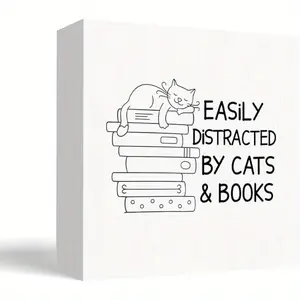 Gifts for Cat Lovers Book Lovers Wooden Box Sign, Book Lover Decor, Cat and Book Wood Block Sign for Home Library Reading Room Nook Corner Desk Table Shelf Decor, 5x5 Inch