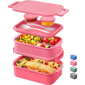 Adults Bento Box Lunch Box - Stackable All-in-One Leakproof Bento Lunch Box for Adults Women Girls 74 OZ Large Lunch Containers with Fork Spoon Sauce Boxes for Work School Dining Out, Pink