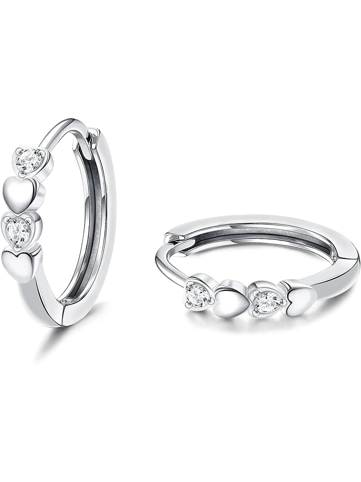 2 Pcs Love Heart Cubic Zirconia Sleeper Small Sterling Silver Hoop Earrings for Teen Girls Women | Stainless Steel & Copper Tiny Cute Cartilage Earrings Hypoallergenic Heart Hoop Earrings