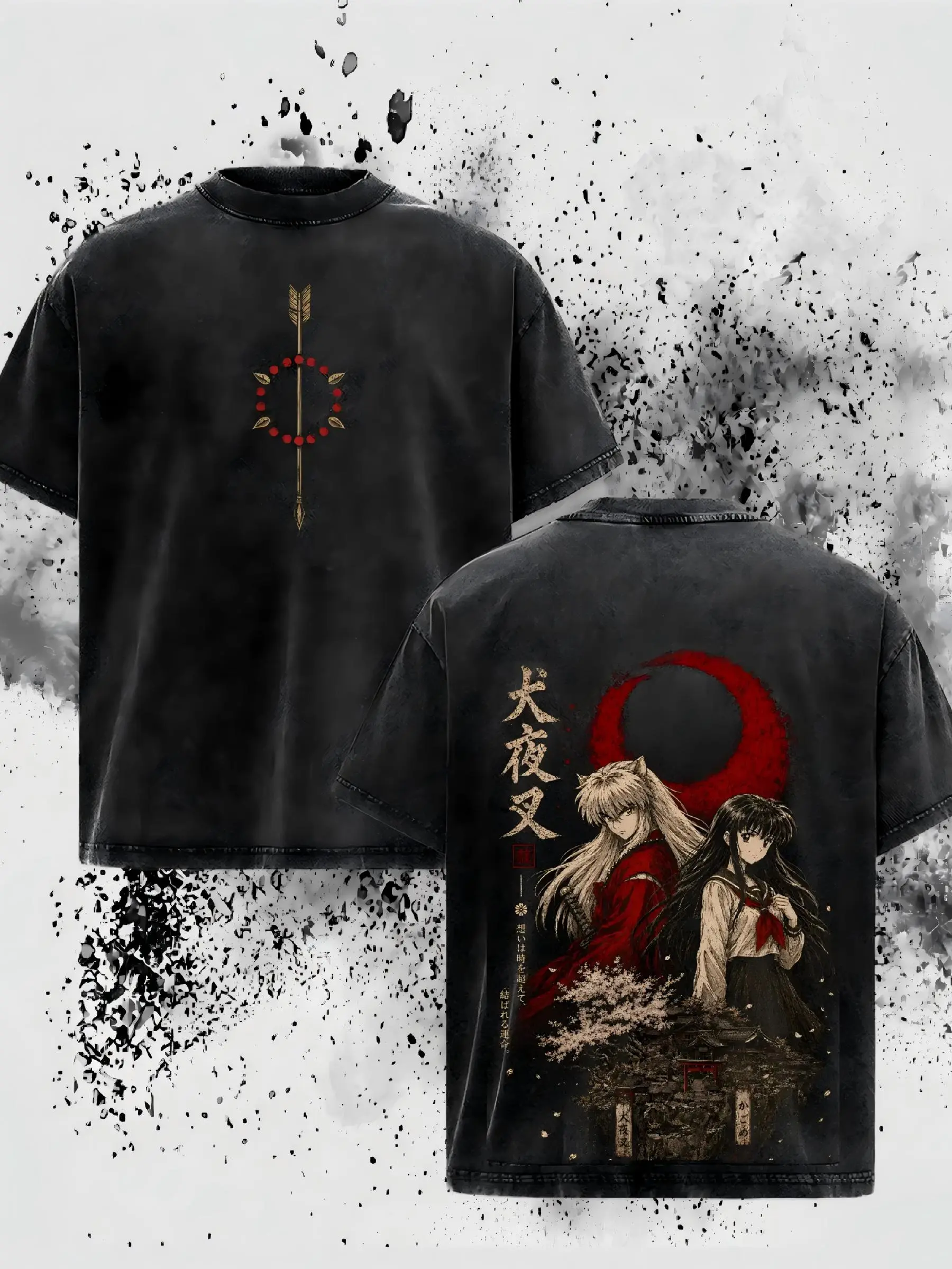 ST cotton 100% Inuyasha & Kagome Vintage Graphic Tee - Anime Oversized Cotton Shirt，Vintage Acid Wash Inuyasha Kagome T‑Shirt Double Sided Graphic Oversized Anime Streetwear Tee
