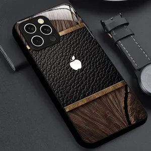 A glass phone case with black leather grain wood grain splicing Apple icon, Suitable for iPhone 11, 12, 13, 14, 15, 16, 17 PIUS, Pro, and Promax