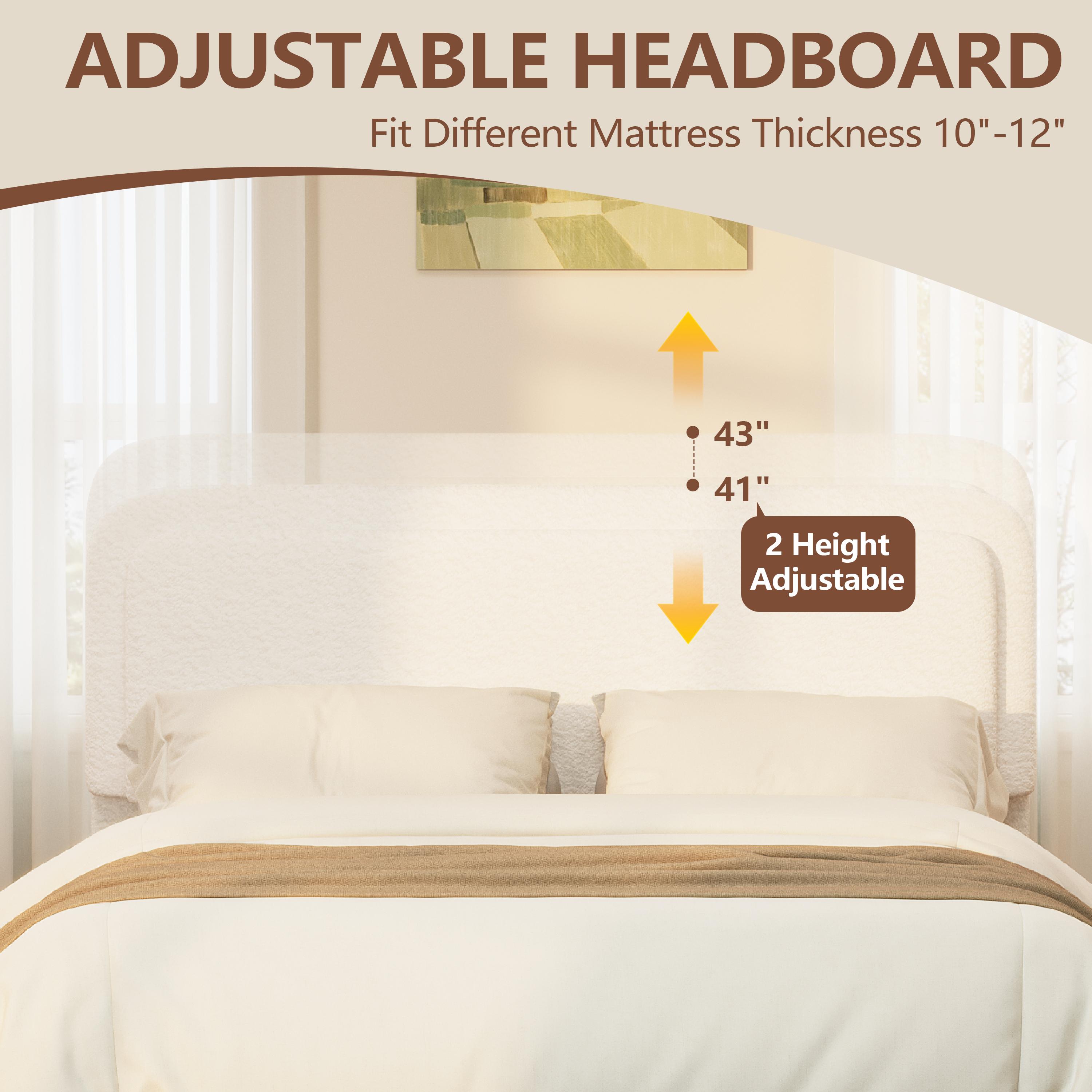 Queen Size Bed Frame with Adjustable Height Headboard, Modern Queen Platform Bed with Curved Cloud Headboard, Elegant Boucle Fabric Low Profile Platform Bed, No Box Spring Needed, Easy Assembly, White Queen Size Bed Frame with Adjustable Height Headboard, Modern Queen Platform Bed with Curved Cloud Headboard, Elegant Boucle Fabric Low Profile Platform Bed, No Box Spring Needed, Easy Assembly, White