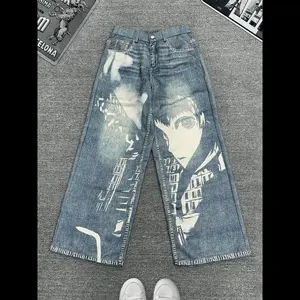 Men's Anime Print Denim-effect Button Fly Pants, Loose Street Fashion Retro Trousers for Daily Wear, Pants for Men, Mens Bottoms for All Seasons, Streetwear Menswear