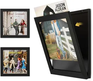 Emfogo Vinyl Record Frame Set of 2, Wall Mount Album Cover Display Frame for 12x12 Inch LP Records, Front Opening Wood Frame with UV-Resistant Cover, Black