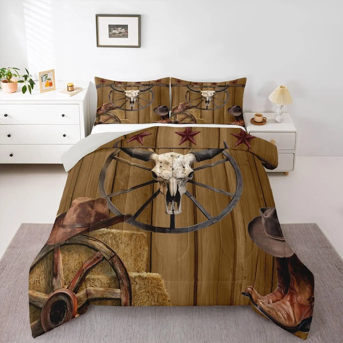 Feelyou Western Theme Comfy Decorative Bedding Set - Breathable Duvet Set with Cow Skull, Cowboy Boots, Hat, Texas Star, Wagon Wheel, Barn Door Prints for Adult Country Rustic Farmhouse Decor, Comfy Bedding Set